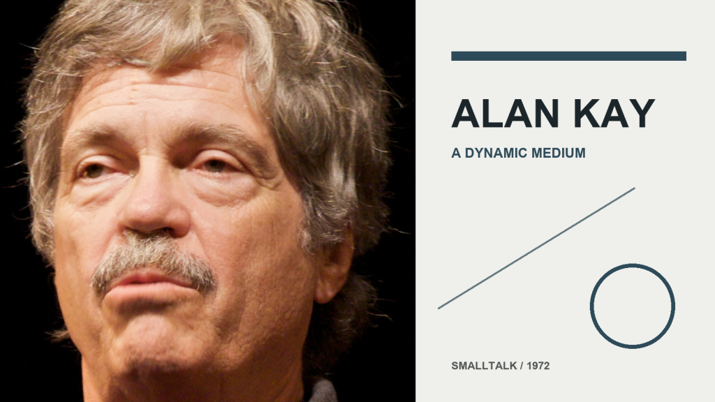 Alan Kay on the left in a clean modern editorial composition about Smalltalk and the dynamic medium.