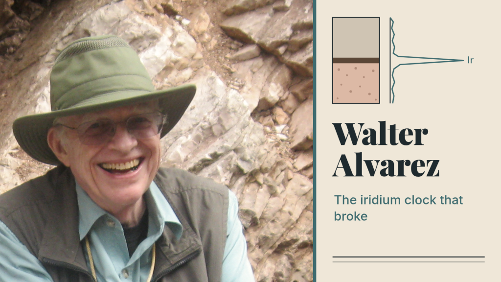 Walter Alvarez in 2010 at the K-Pg boundary rock face near Gubbio, beside a panel with his name and a rock-layer diagram showing an iridium spike.