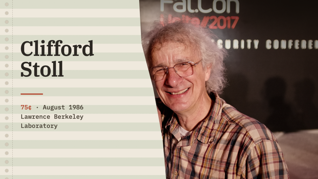 Clifford Stoll, photographed in 2017, on the right of a cover styled like old printer paper, beside the words “Clifford Stoll” and “75¢ · August 1986, Lawrence Berkeley Laboratory”.