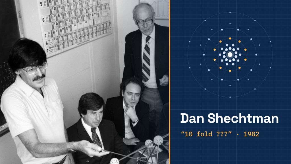 Dan Shechtman in 1985 pointing at an atomic model while three collaborators watch, beside a blueprint-style diagram of tenfold diffraction spots.