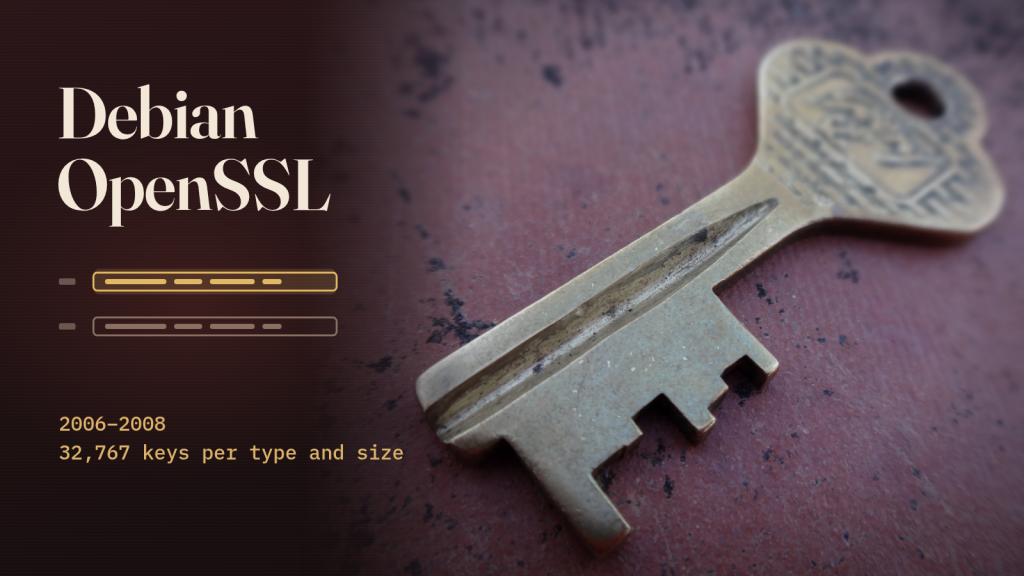 A worn brass key on a speckled red surface, beside the words “Debian OpenSSL”, “2006–2008” and “32,767 keys per type and size” and two identical bars drawn like lines of code.