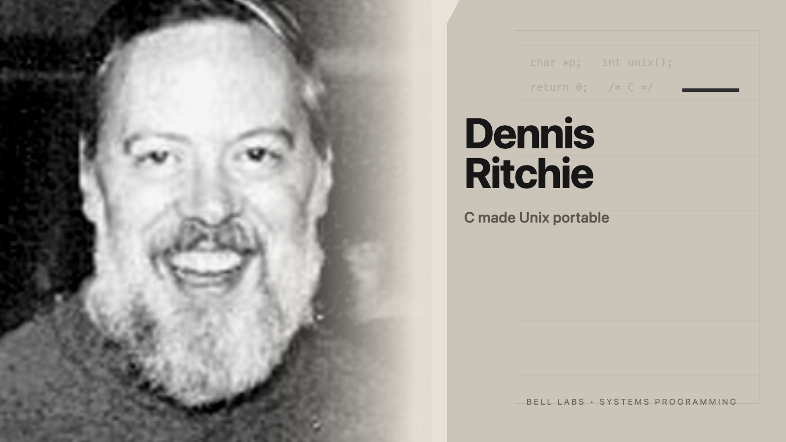 Dennis Ritchie links in einer minimalistischen redaktionellen Gestaltung über C und Unix.