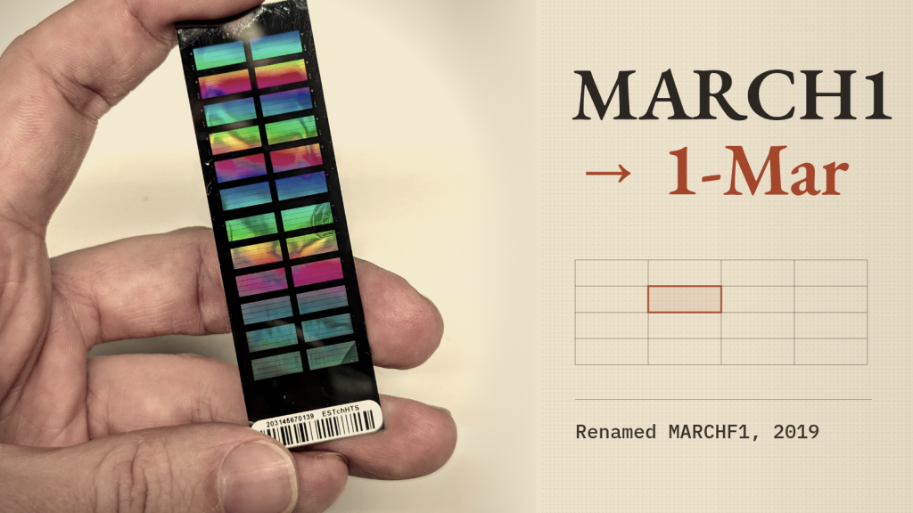 A hand holding a DNA microarray chip on the left, beside a pale paper panel where the gene symbol MARCH1 is shown turning into the date 1-Mar, above a spreadsheet grid with one highlighted cell and the words “Renamed MARCHF1, 2019”.