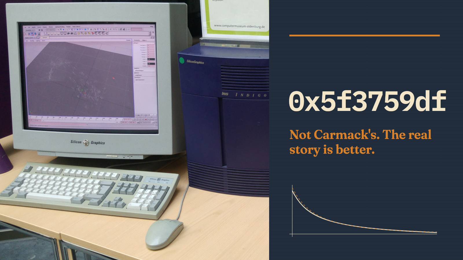Eine SGI-Indigo-Grafikworkstation aus den 1990er-Jahren neben der magischen Konstante 0x5f3759df in einer redaktionellen Retro-Komposition.