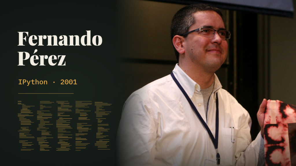 Fernando Pérez smiling at the 2012 Free Software Foundation award ceremony, beside a dark panel with his name, the words “IPython · 2001” and rows of short amber lines like the outline of a 259-line code file.