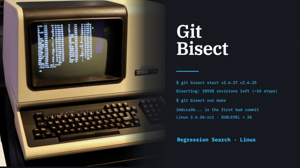 A vintage DEC VT100 computer terminal with green text displayed on its monochrome screen