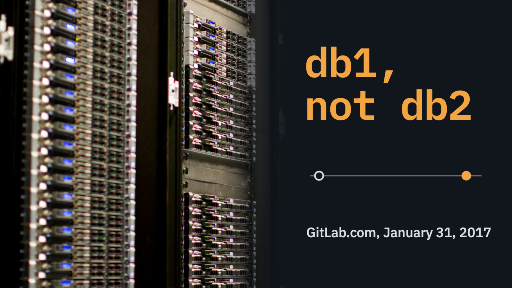 Server racks with blue status lights beside the words “db1, not db2” and “GitLab.com, January 31, 2017” and a thin line with two markers.