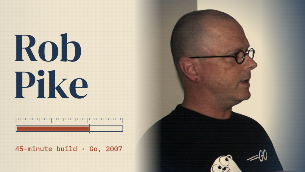 Rob Pike, one of Go’s three original designers, in a black T-shirt printed with the Go gopher at a 2010 meetup, beside his name and a partly filled build progress bar.