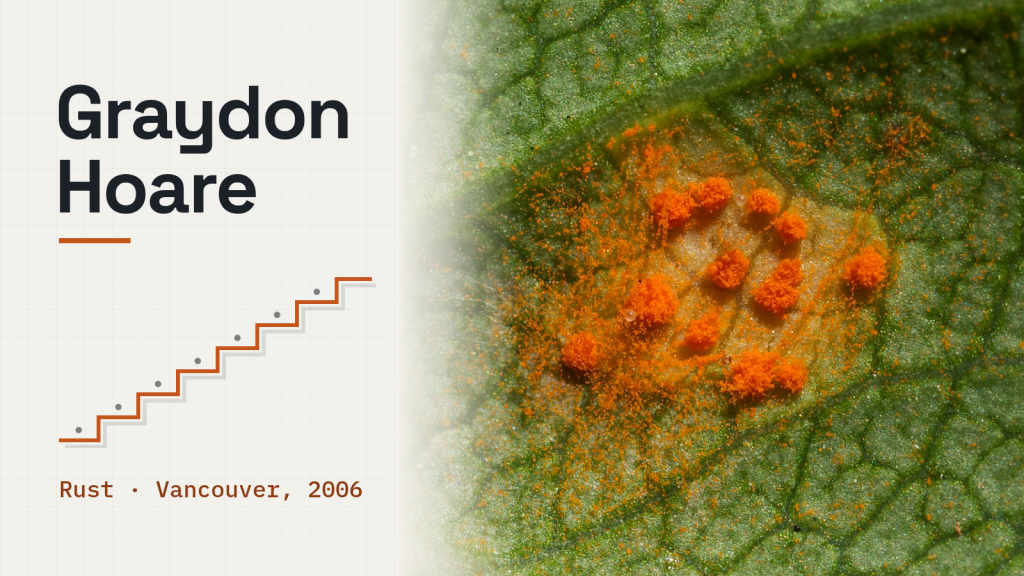 Orange rust-fungus spores on a green leaf, beside the words “Graydon Hoare” and “Rust · Vancouver, 2006” and an orange line drawn as a flight of stairs.