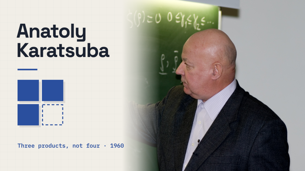 Anatoly Karatsuba, in a later-life photograph, in profile at a green chalkboard, on the right of a light cover with the words “Anatoly Karatsuba” and “Three products, not four · 1960” beside three solid blue squares and one dashed square.