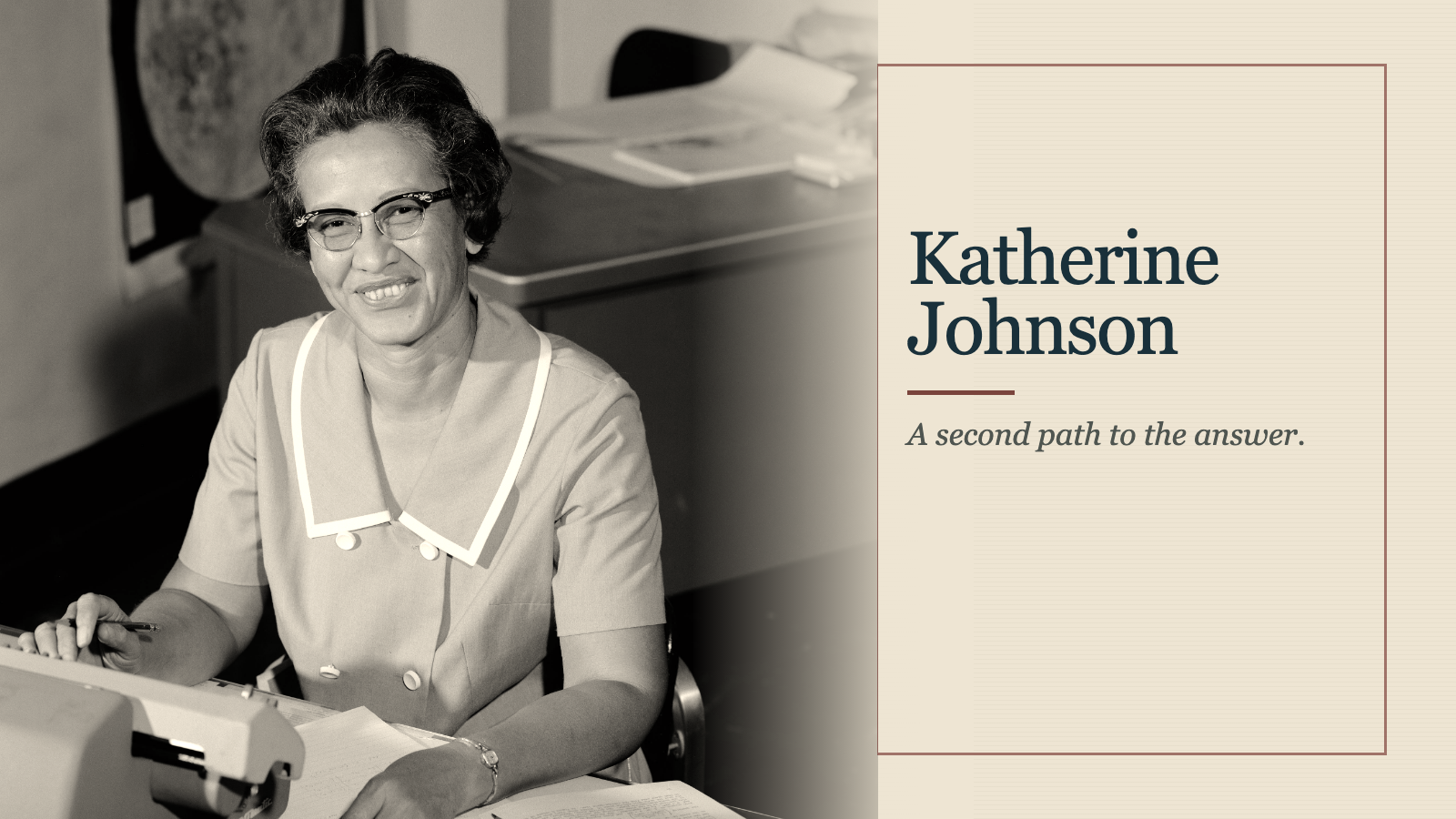 Katherine Johnson en su escritorio a la izquierda en una portada editorial retro sobria con el subtítulo “A second path to the answer” (“Un segundo camino hacia la respuesta”).