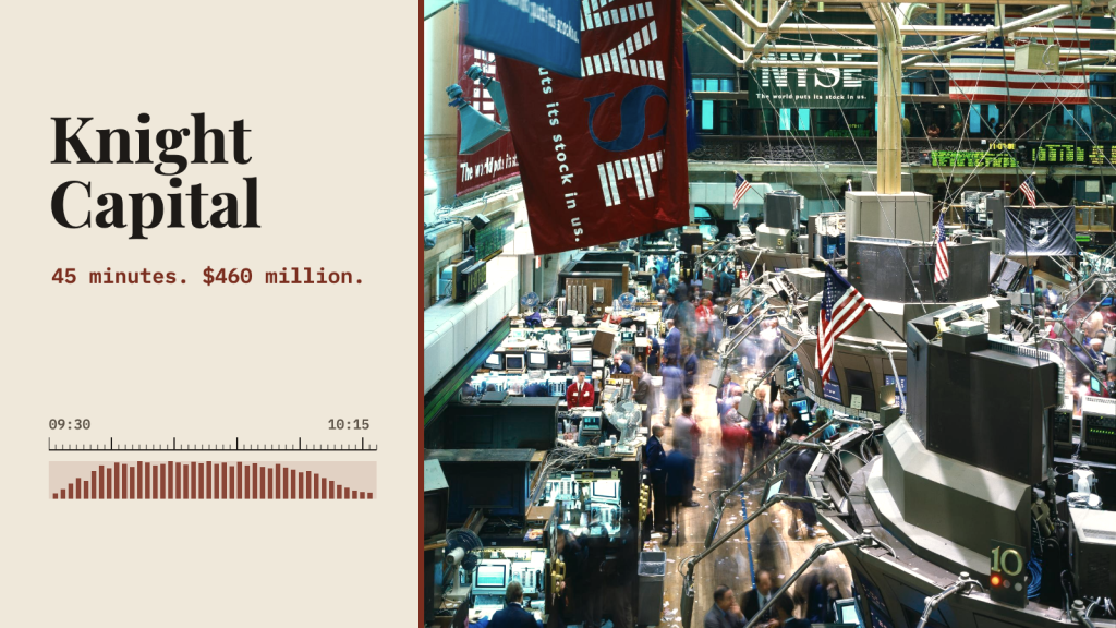 The crowded New York Stock Exchange trading floor in an archival-style editorial composition about Knight Capital's 2012 trading failure.