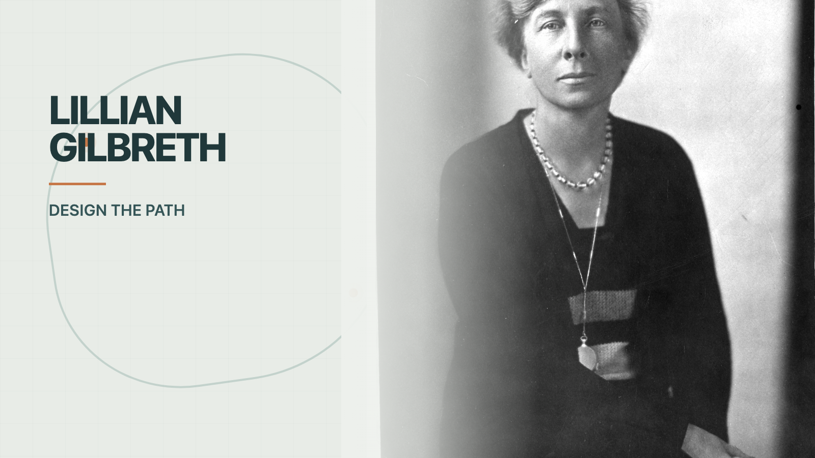 Lillian Gilbreth à direita de uma capa editorial clara e moderna com um motivo sutil de percurso e as palavras Projete o caminho.