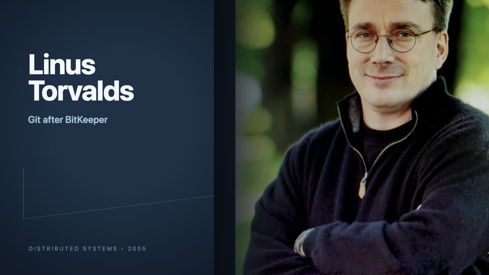 Linus Torvalds a la derecha en una composición editorial oscura sobre Git.