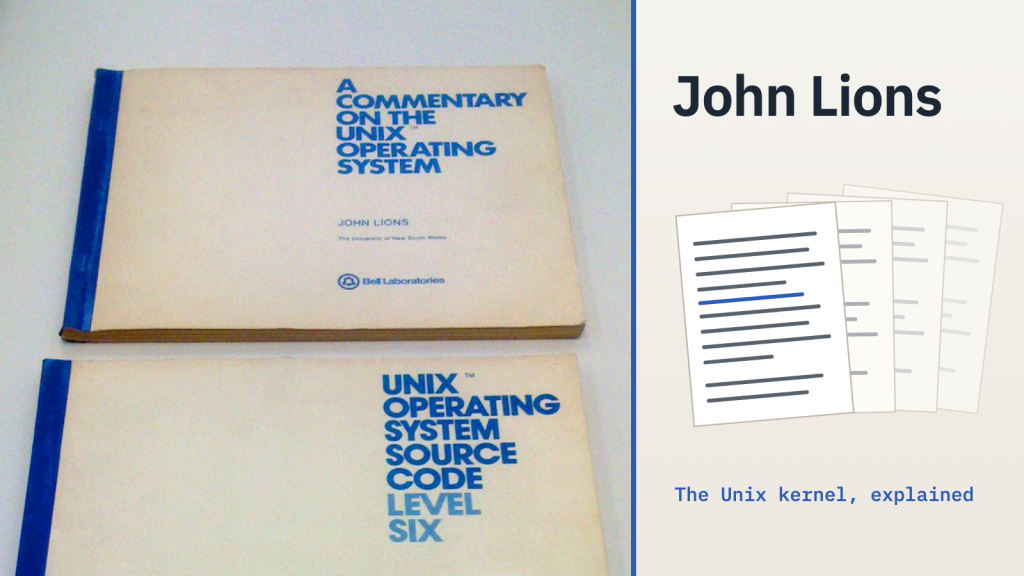 The two original volumes, “A Commentary on the UNIX Operating System” by John Lions and “UNIX Operating System Source Code Level Six”, on a white table, beside the words “John Lions” and “The Unix kernel, explained”, with a stack of fading photocopied pages.