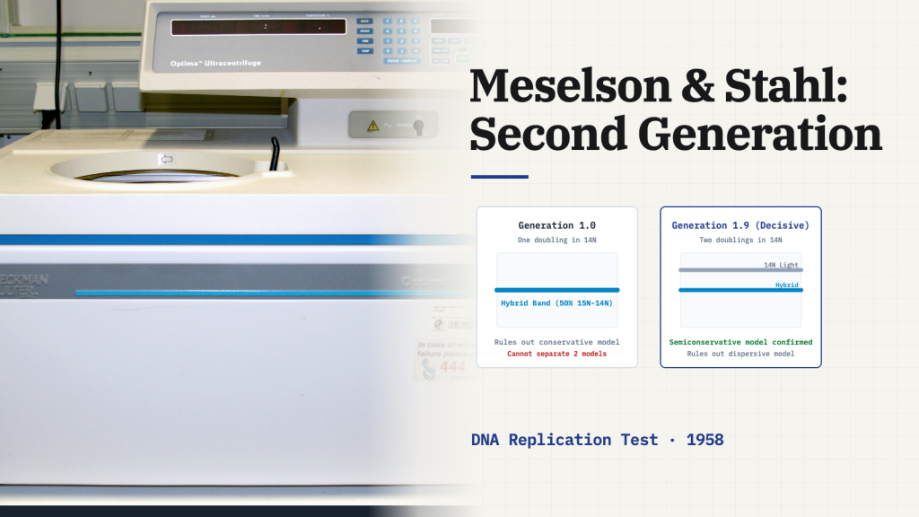 A modern Beckman Coulter tabletop ultracentrifuge in a laboratory, on the left of an off-white cover with two density gradient band diagrams and the title “Meselson & Stahl: Second Generation”.