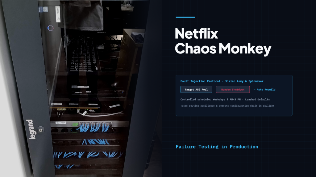 Illustrative server rack cabinet with blue network cabling, photographed by OboeBlanket; not Netflix infrastructure.