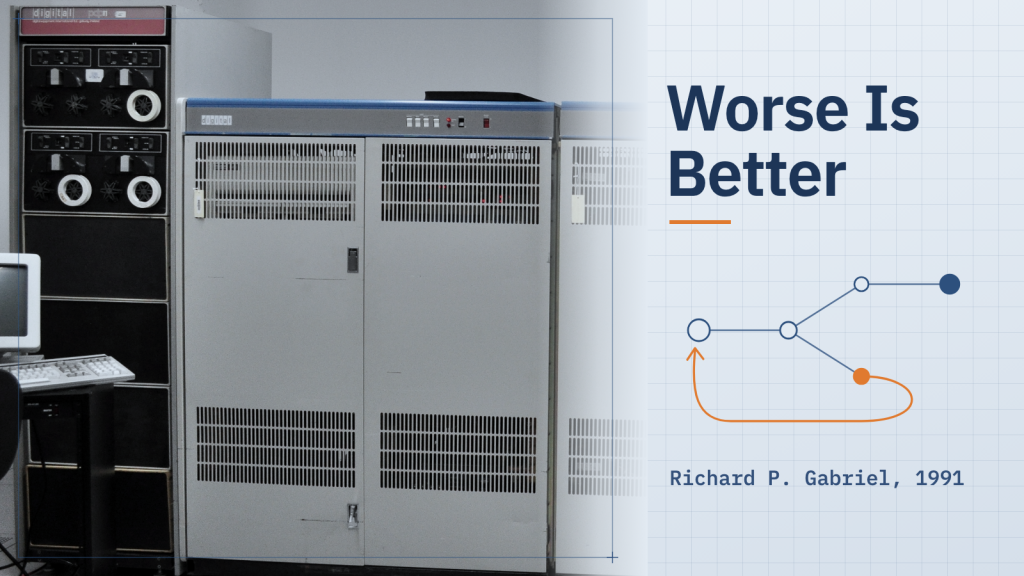 DEC computer cabinets and a tape-drive rack in a museum, beside the words “Worse Is Better” and “Richard P. Gabriel, 1991”, with a line diagram of a call that loops back to retry.