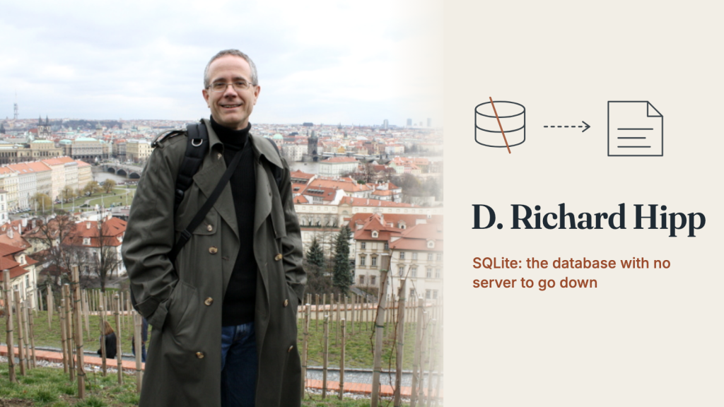 D. Richard Hipp on the left, standing above a city of red roofs, with a minimal icon of a database turning into a single file.