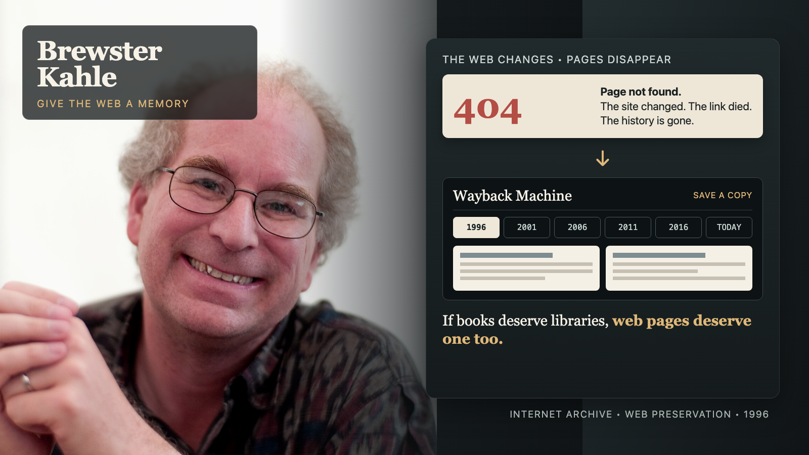Brewster Kahle ao lado de um visual editorial em que uma página 404 vira snapshots arquivados na Wayback Machine.