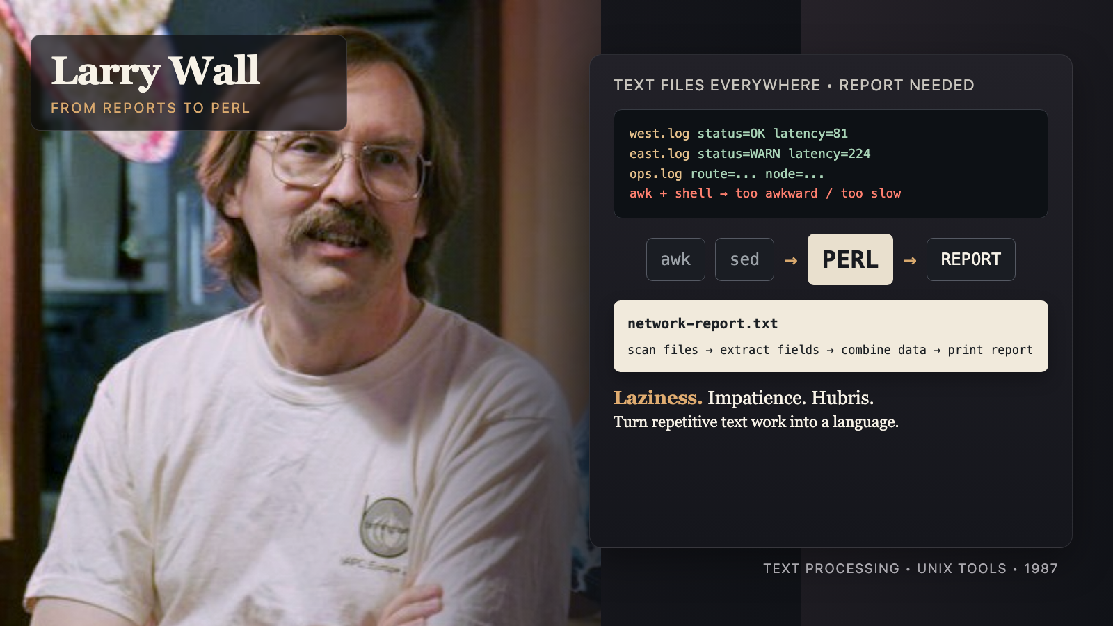 Larry Wall à côté d’un pipeline visuel de fichiers Unix, awk et sed, Perl et un rapport généré.