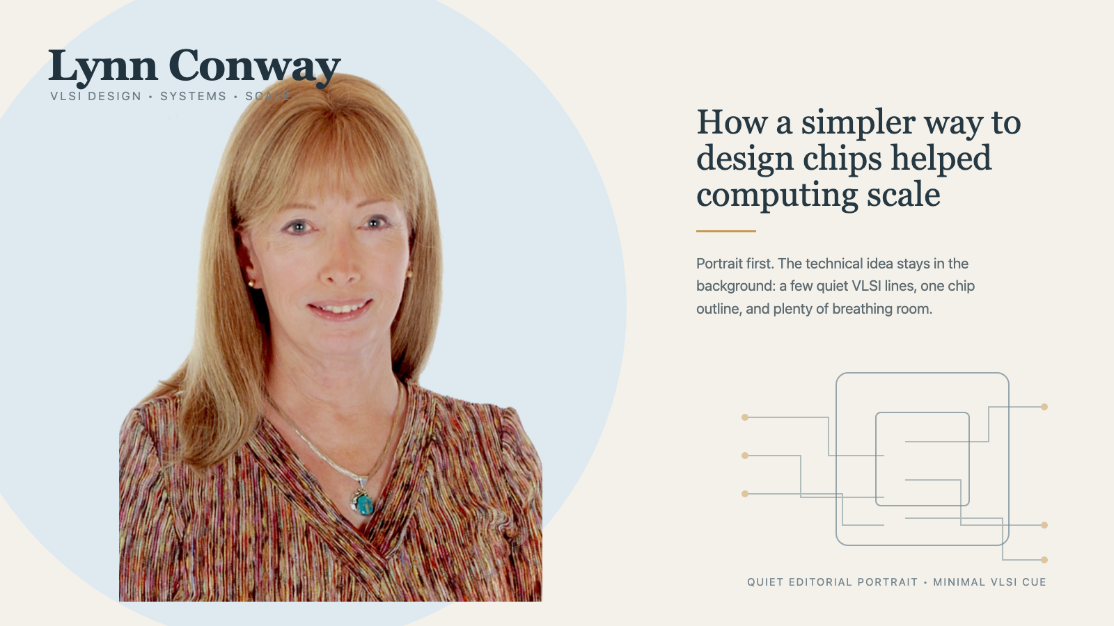 Großes Porträt von Lynn Conway links mit minimalistischer VLSI-Grafik rechts.