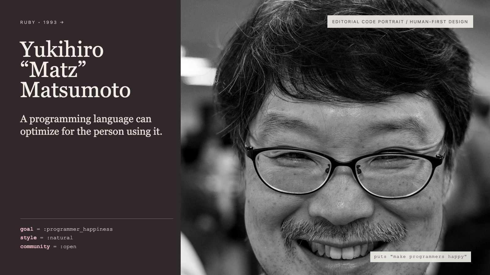 Großes Nahporträt von Yukihiro Matsumoto rechts neben einem dunklen Editorial-Code-Panel über Programmer Happiness links.