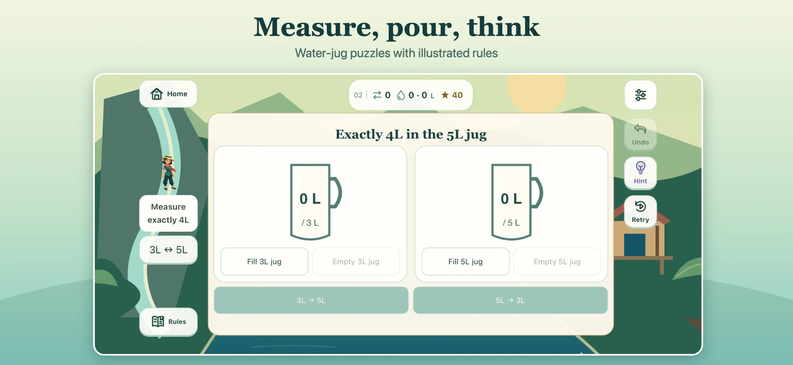 River Crossing IQ water-jug puzzle showing empty 3L and 5L containers.