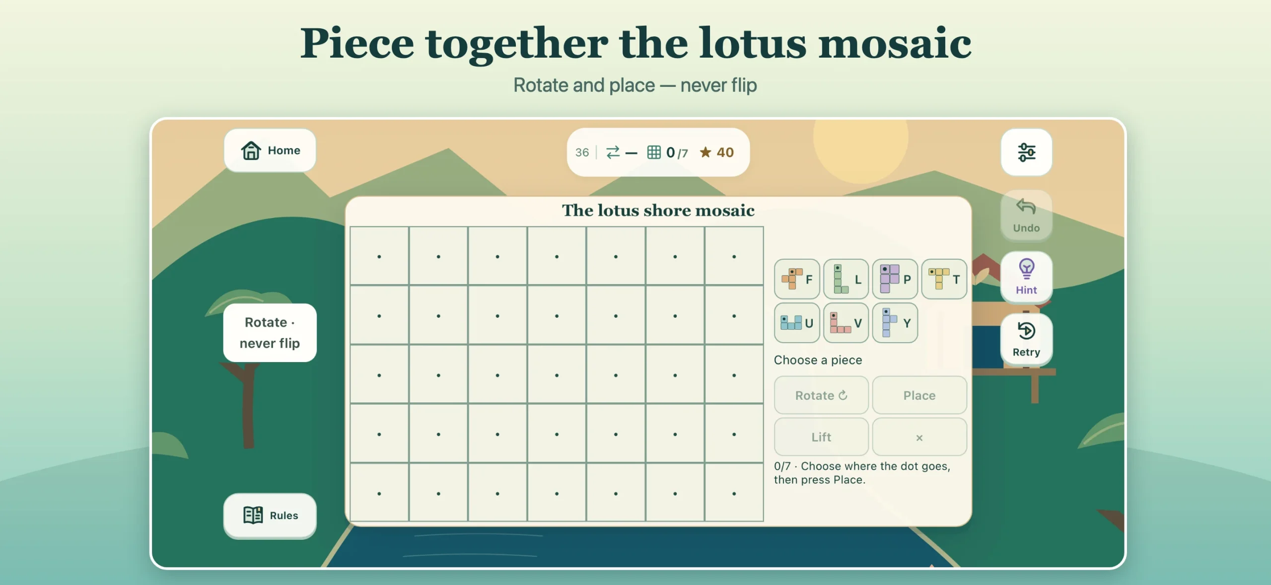 River Crossing IQ lotus mosaic with seven coloured pieces beside an empty grid.