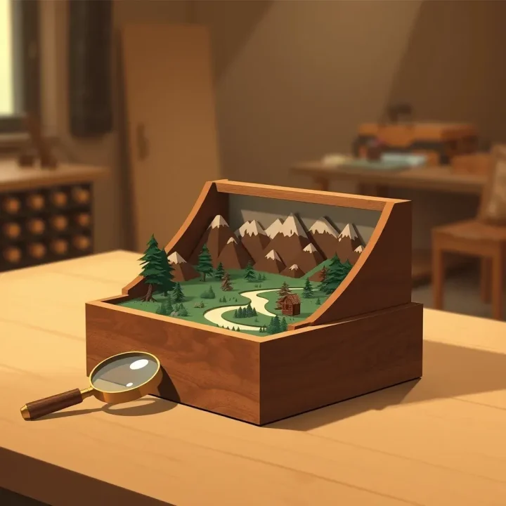 A central wooden diorama box with carved miniature landscapes sits beside a brass magnifying glass on a warm wooden studio table.