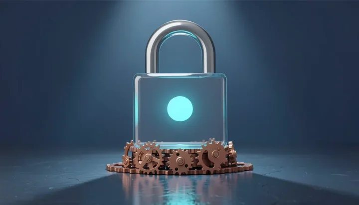 Ein massives, transparentes Vorhängeschloss aus Glas mit einem leuchtend cyanfarbenen Kern und Kupferzahnrädern auf einem polierten, dunklen Schieferboden unter einem kühlen blauen Lichtstrahl.