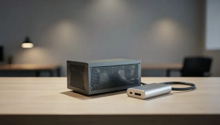 A compact charcoal-grey mini workstation sits on a wooden desk next to an external solid-state drive in a minimalist office setting.