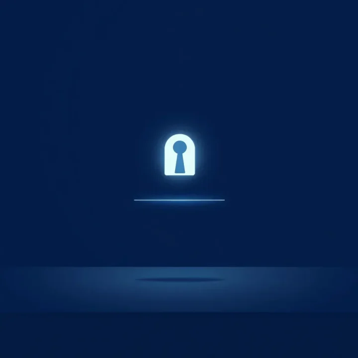 Illustration minimaliste d'une serrure numérique lumineuse flottant au-dessus d'une ligne de démarcation claire sur une surface sombre.