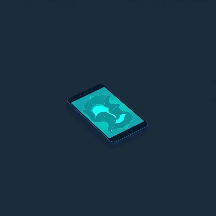 Silueta de un teléfono inteligente brillante lleno de líquido turquesa sobre un fondo de pizarra oscura.