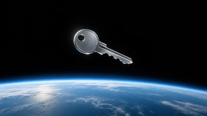 Uma chave prateada flutua acima da atmosfera azul curva da Terra, contra o espaço negro, simbolizando a transição da NASA para uma infraestrutura comercialmente operada em órbita baixa da Terra.