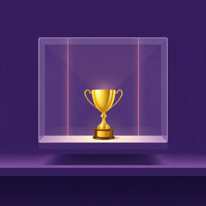 A glowing golden trophy placed inside a sleek digital display case against a dark gradient backdrop.