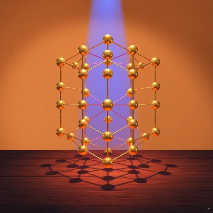 Ilustração editorial de um modelo reluzente de treliça cristalina em latão com conexões de cobre, iluminado por um feixe de luz azul focado que projeta sombras geométricas sobre uma superfície de madeira de mogno.