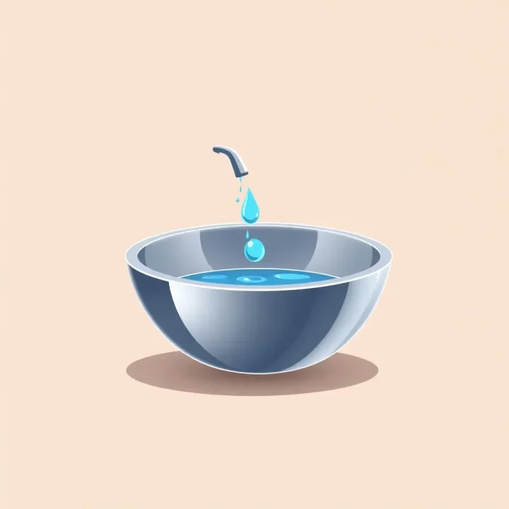A clean horizontal vector artwork of a metallic basin receiving light blue data drops against a soft neutral background.
