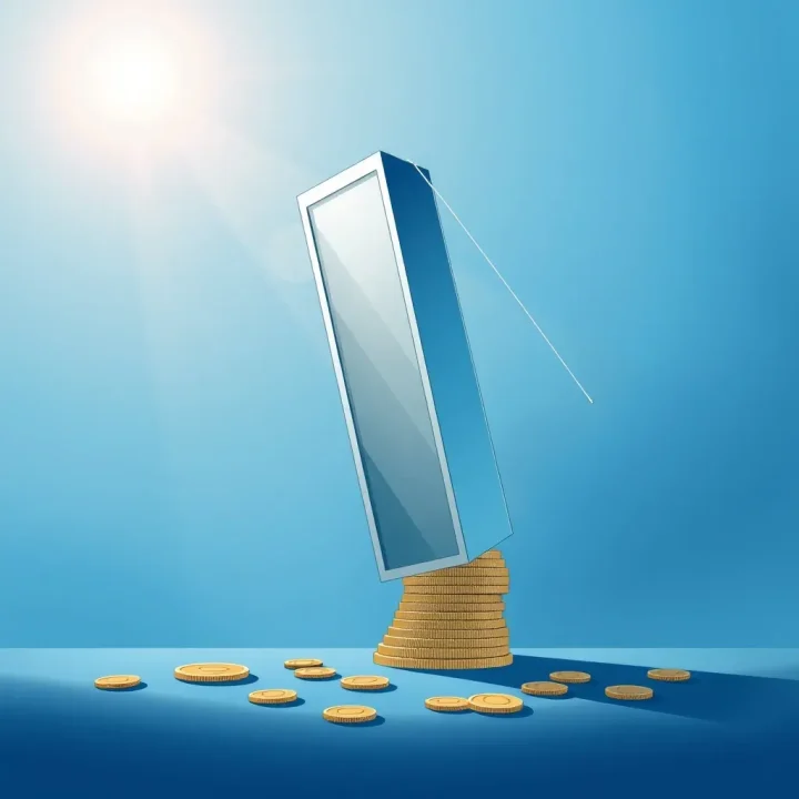 Editorial illustration showing a leaning server cabinet tower built on coins, anchored by a taut silver cable.