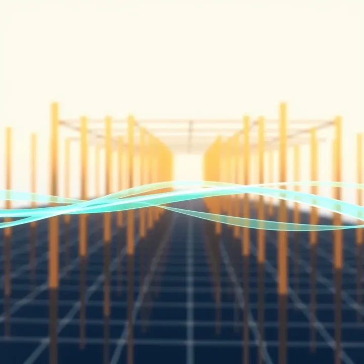 Wide editorial illustration of glowing turquoise fiber-optic ribbons weaving through a structured abstract grid of warm bronze and deep navy pillars under soft sunlight.