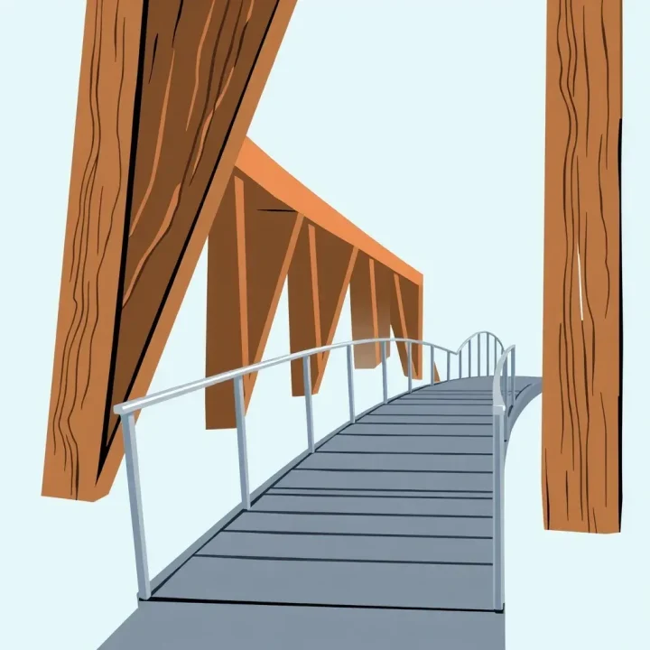 Ilustración conceptual de un puente metálico que pasa de una estructura de madera abierta a un marco arquitectónico de vidrio cerrado