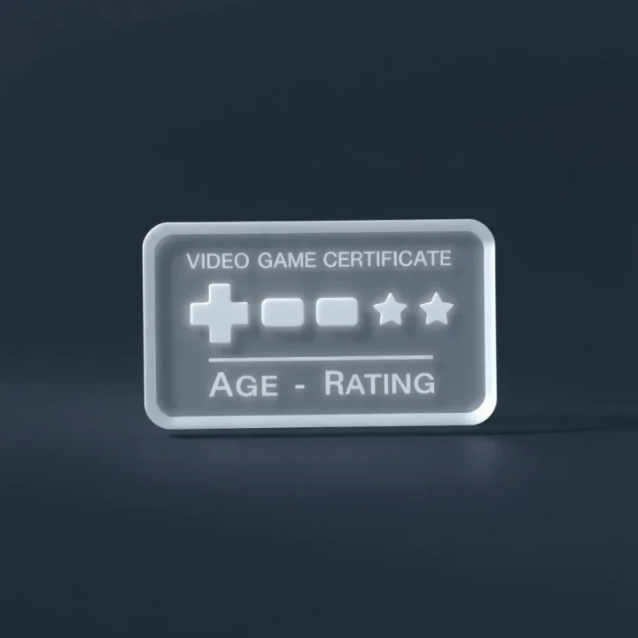 Un symbole lisse en acrylique dépoli représentant un certificat de classification par âge de jeu vidéo, posé sur une surface sombre sous une lumière douce et dirigée.