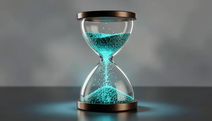 A large translucent glass hourglass filled with glowing cyan digital dust set against a muted slate-grey background.