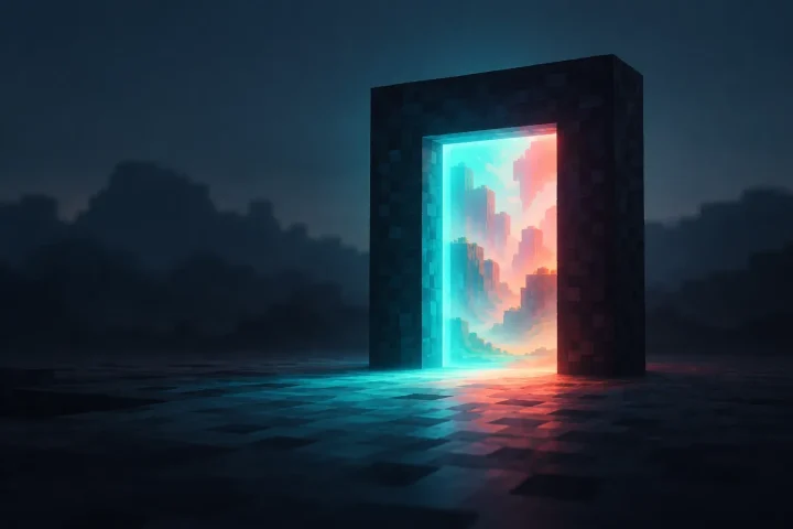 A solitary block-built portal casts turquoise and coral light across a dark voxel landscape.