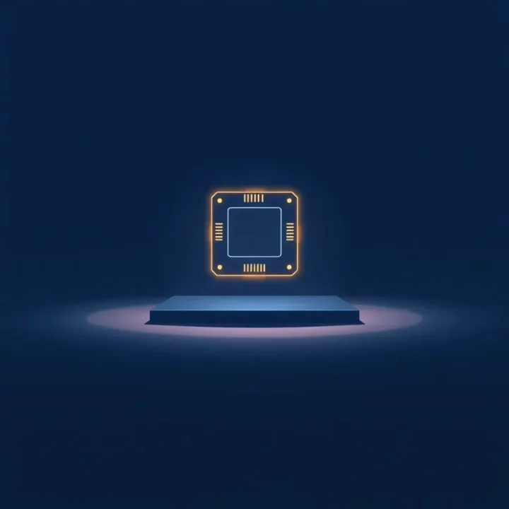 Eine zentrale leuchtende metallische Insel in Form eines Computerchips, die über einem dunklen indigoblauen Hintergrund schwebt.