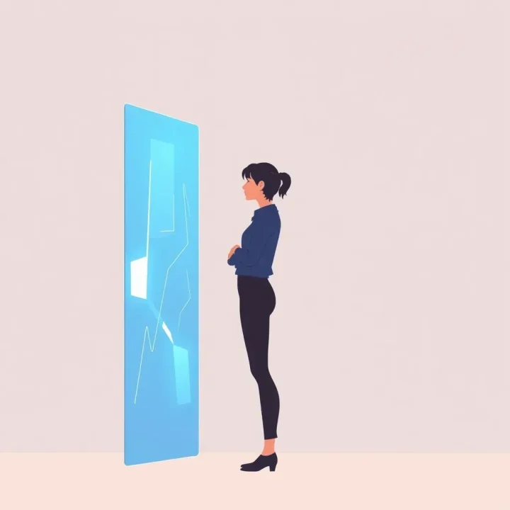 Ilustración editorial de Diana Hu junto a un portal translúcido de realidad aumentada, símbolo de su paso de fundadora de una startup de realidad aumentada a mentora tecnológica.