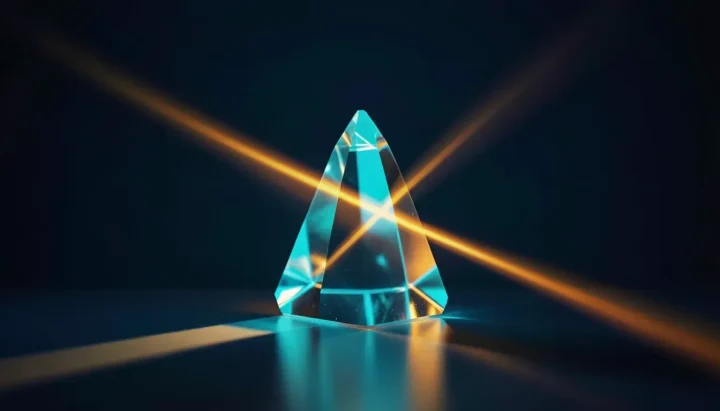 Ilustración editorial de un prisma de vidrio brillante que divide un haz de luz en trayectorias de luz cian y ámbar a lo largo de un espacio de trabajo de color índigo oscuro.