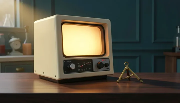 Vintage electronic laboratory calculator displaying amber light beside a brass compass on a wooden desk.