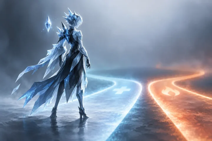 Redaktionelle Illustration eines kristallinen Eis-Spielcharakters neben einem sanft leuchtenden Weg, der Support- und Schadensrollen teilt.