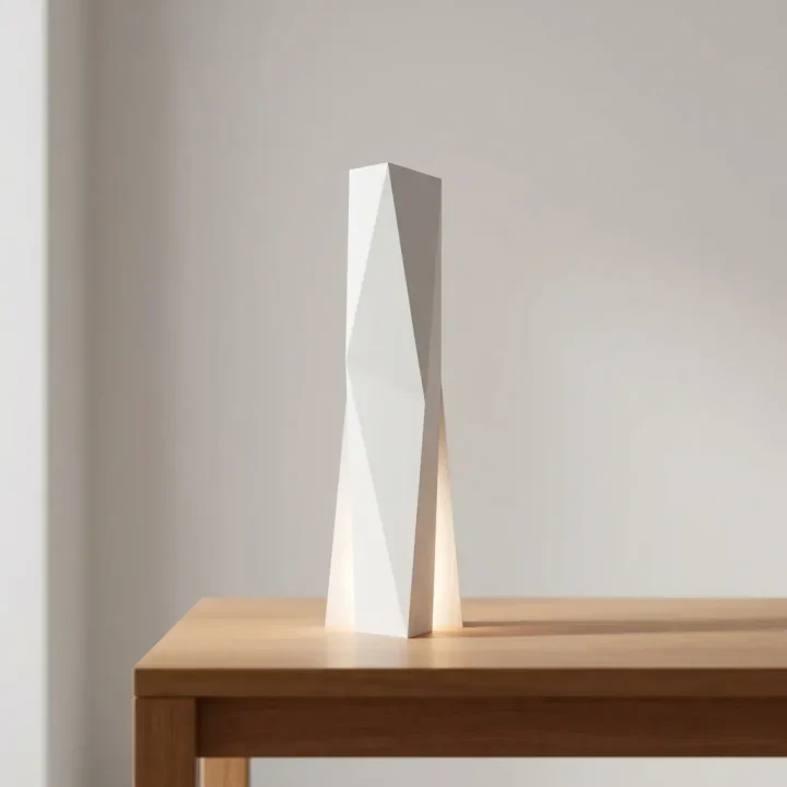 Un routeur géométrique blanc et élégant posé sur une surface en bois dans une pièce lumineuse.